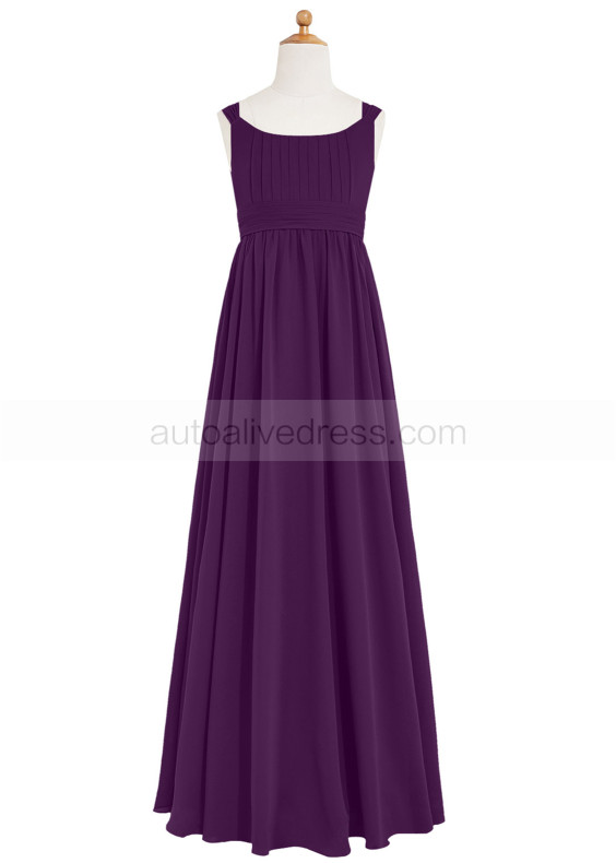 Scoop Neck Purple Pleated Chiffon Long Junior Bridesmaid Dress